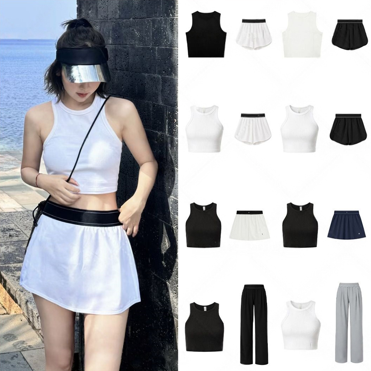 Designer Women Quick Dry Athletic 2 Piece Set Ribbed Sleeveless Crop Tank Top Loose Running Shorts Gym Workout Yoga Training Tracksuit Wide Leg Pant