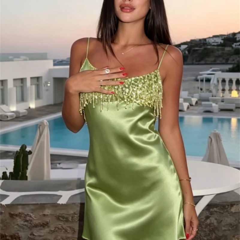 Women Chic Lime Green Satin Slip Skirt Sexy Sequin Fringe Bust Spaghetti Strap Bodycon Mini Dress Summer Party Vacation Wear 260623
