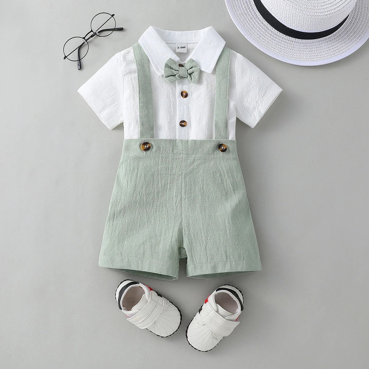 2PCS Baby Boy Gentleman Outfit Clothes Solid Color Short Sleeves shirt with Bow Tie and Overalls Shorts Set for Formal Wear Sets260624