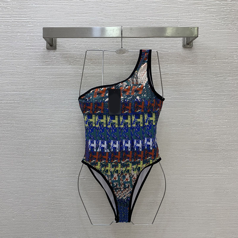 Designer Woman Y2K Sexy Asymmetric One Shoulder Letter Print One Piece Swimsuit Summer Beach Vacation Surfing Bathing Suit