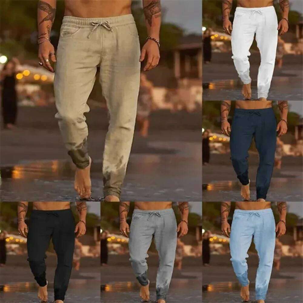 Men's Beach Joggers Streetwear Cotton Linen Sweatpants Casual Hawaiian Vacation Loose Summer Straight Pants Male W260624