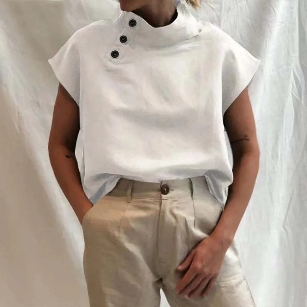 UOOZEE Summer Female Buttoned Solid Color Stand Collar T-shirts Cap Sleeves Urban Fashion Casual Cotton Linen Tops Tees 260623
