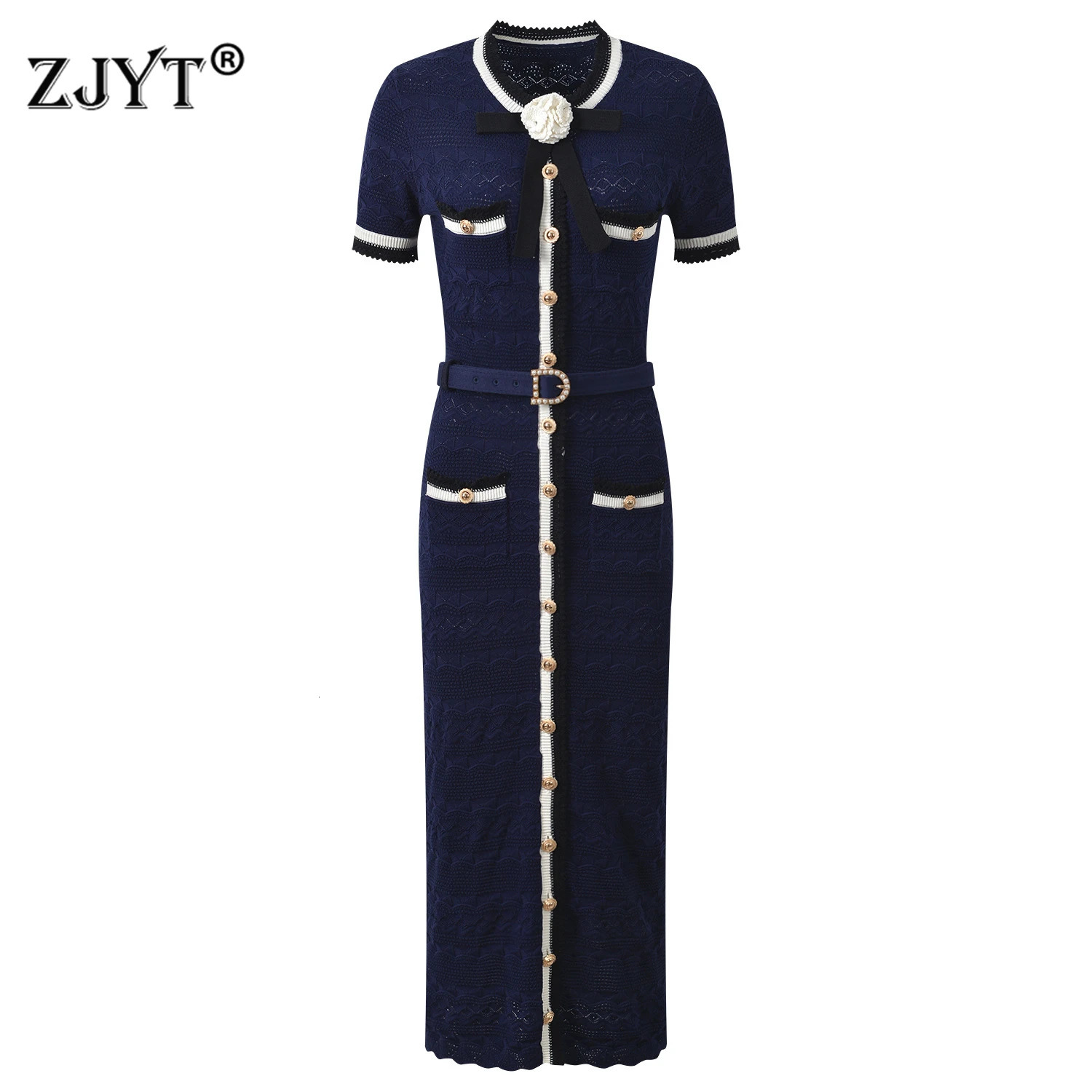 ZJYT Summer ner Womens Knitted Dress Elegant 2026 Short Sleeve 3D Floral Midi Straight Blue Party Dresses Female Robe 260623