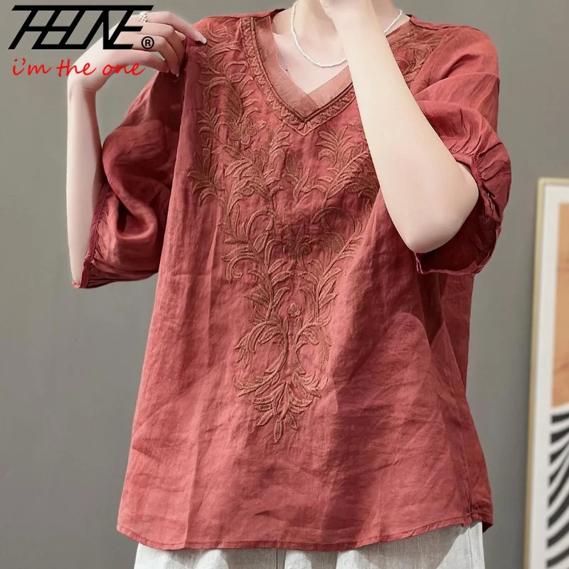 Cotton Linen Woman Blouses Blusa Mujer Embroidery V-Neck Solid Vintage Womens Clothing Shirts Blouse Summer Casual Camisas 260623