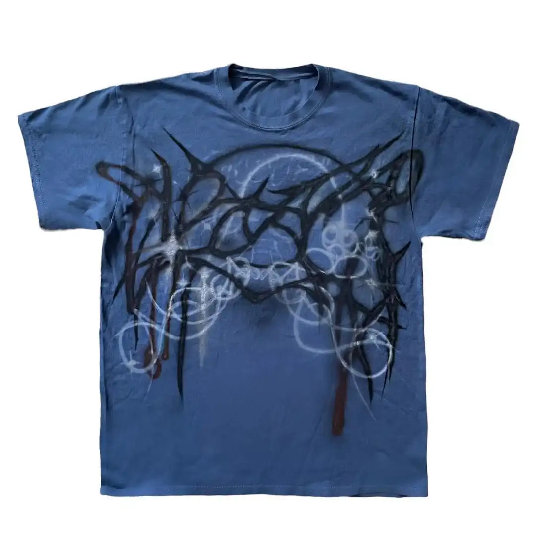 Street T-shirt Graffiti Dark Print Y2K Harajuku Retro Street Wear Summer Cotton Round Neck Short Sleeved T-shirt 260624