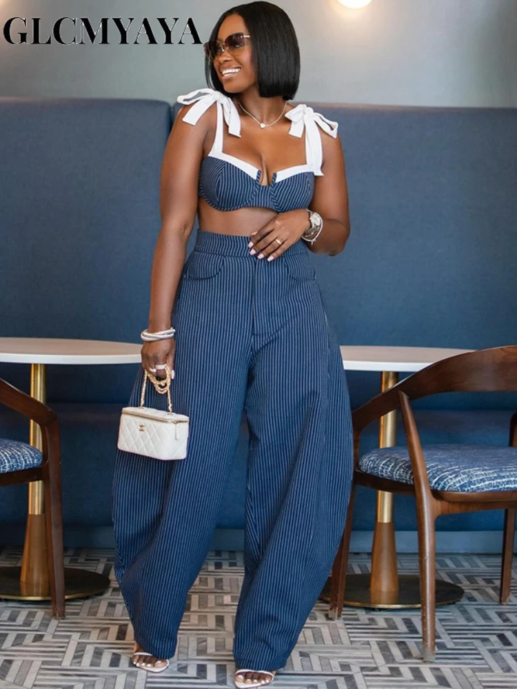 GLCMYAYA Street Women Set Striped Strapless Bow Crop Top and Long Pants 2026 Spring Party Vacation Sexy Two 2 Piece Outfits 260623