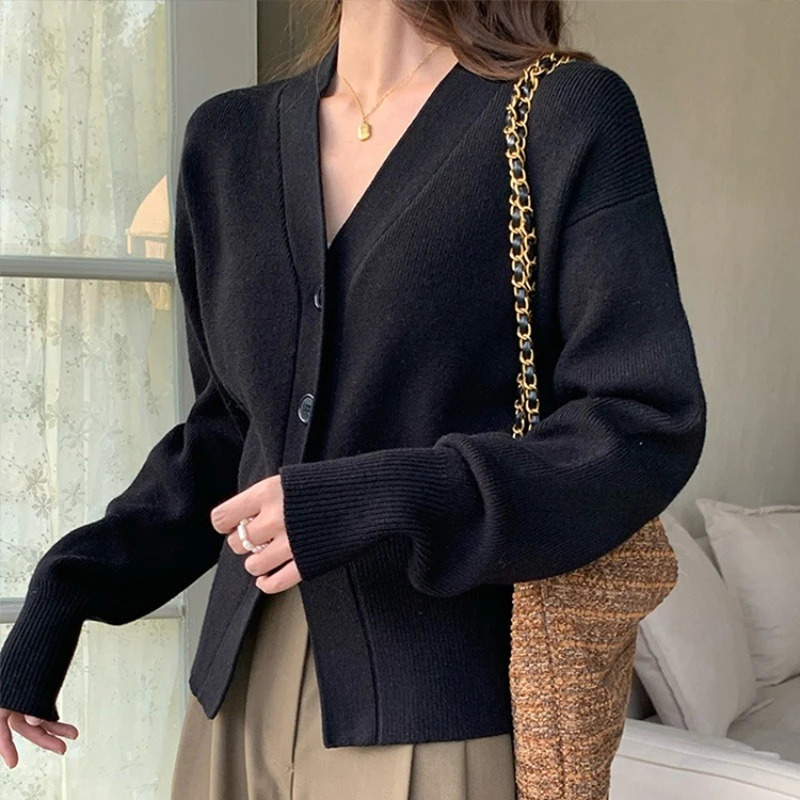 Zjaiss 2026 Spring Autumn Elegance Solid Color Vneck Sweater Knitted Casual Cardigan Unique And Niche Slim Fit Tops 260623