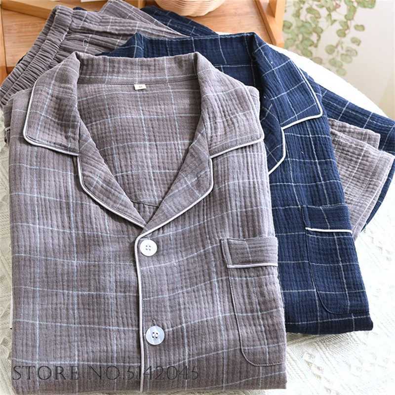 Cotton 100 Mens 2PCS Pajamas Set Loungewear Gray Print Plaid Long Slve Trouser Pijamas Suit Loose Casual Homewear Slpwear L26623