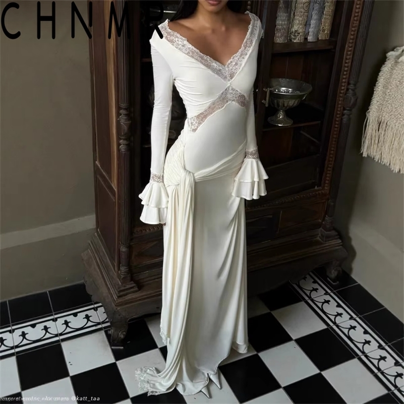 CHNMR Slim Draped Ruched Hollow Out Maxi Dresses for Women Patchwork Lace V Neck Long Sleeve Long Dress Party Club Evening Robe 260623