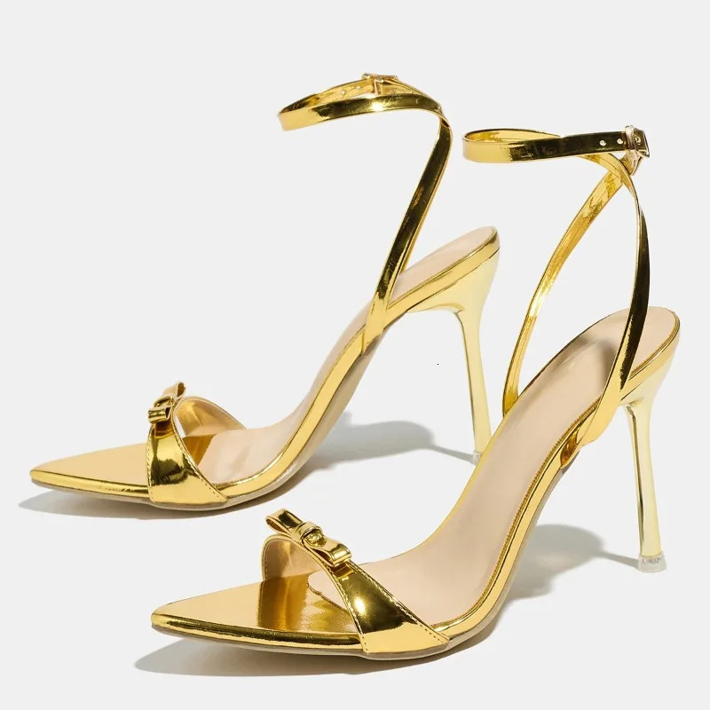 Sommer Gold High Heels Frauen Bogen Dekoration Spitze Stiletto Sandalen Knöchel Riemen Hochzeit Bankett Schuhe Größe 35-43 260624