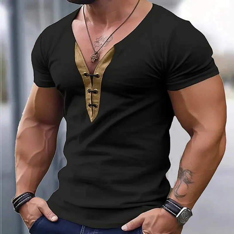 Classic Top Mens Vintage V Neck Drawstring Patchwork T Shirt Casual Short Sleeve Slim Fit Men T-Shirts Summer Leisure Pullovers 260624