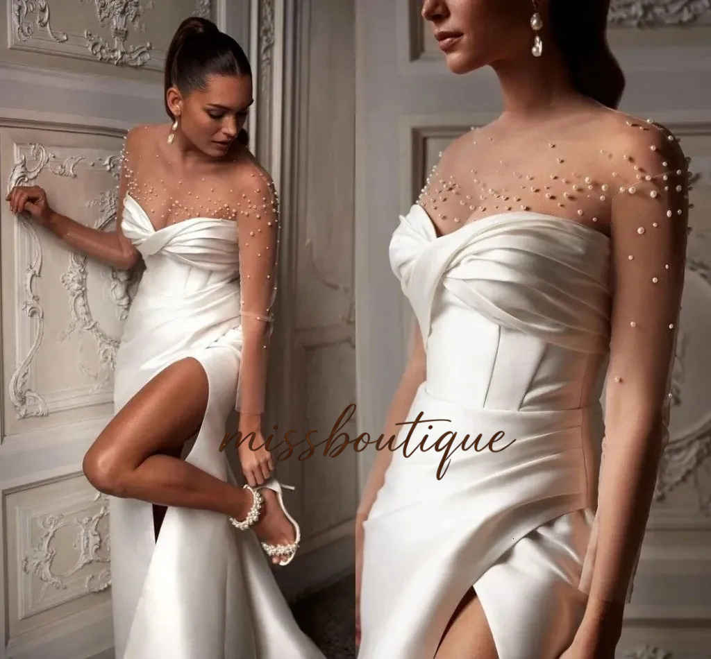 2026 Elegant Satin Pearls Mermaid Wedding Dresses Modern Pleated Sheer Neck Illusion Long Sleeves Bridal Gowns Boho Garden Sexy Split Bride Robes De