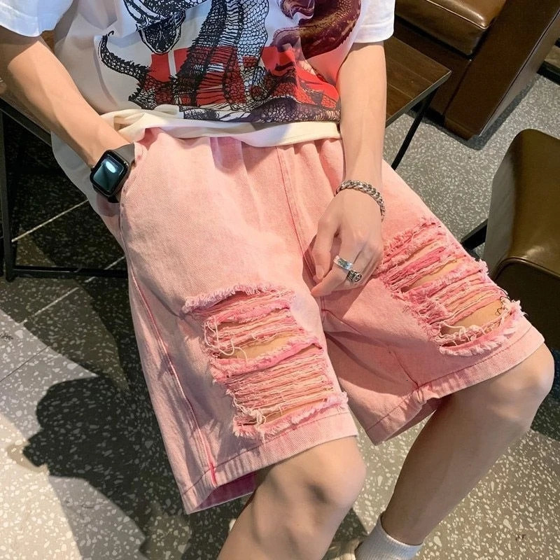 Mens Pink Ripped Denim Shorts Summer Lightweight American Streetwear Loose 5 Panel Skater Shorts Casual Distressed Moto Shorts 260623