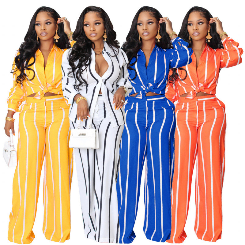 Southeast Asia European and American Women's Fashion Printed Striped Shirt Long Sleeve Loose Straight Two-Piece Set