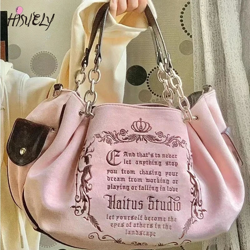 Y2K Women 2026 Vintage Gothic Tote Bag Aesthetic Large Capacity Embroidery Letter Retro Ladies Grunge Chain Travel Shoulder Bags 260623BJ