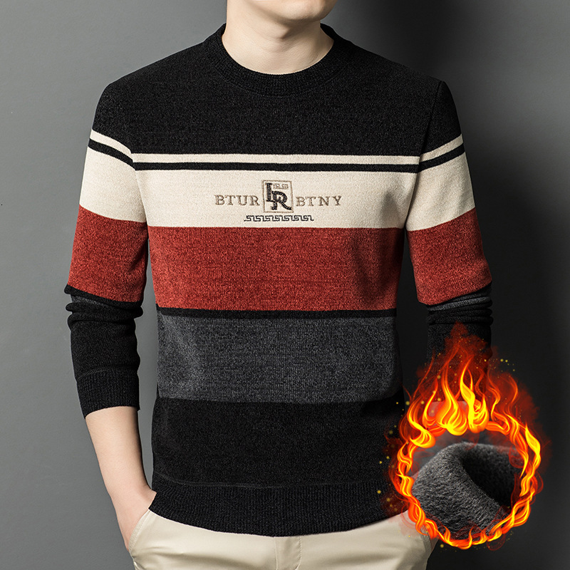 Luxury Fashion Designer Clothes Winter New Chenille Sweater Round Neck Fleece Lined Thickened Top Middle-Aged Men's Warm Knitted Base Shirt