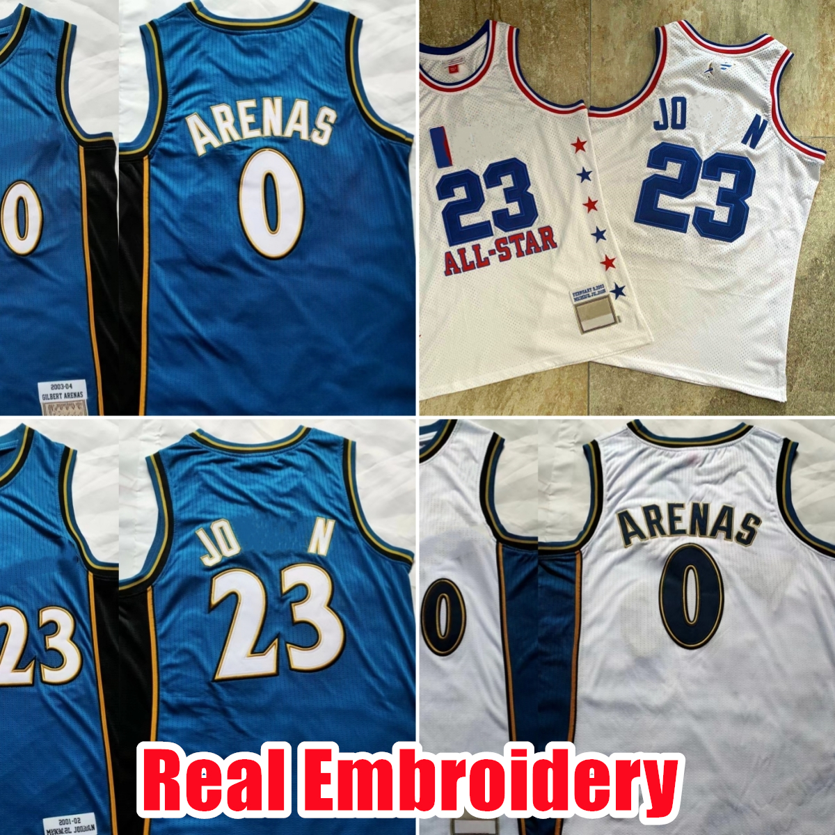 rare Real Embroidery Basketball Jerseys 0 Gilbert Arenas White Blue 2003-04 #23 White 2001-02 Authentic Stitched Jersey Shorts Mens S-XXL