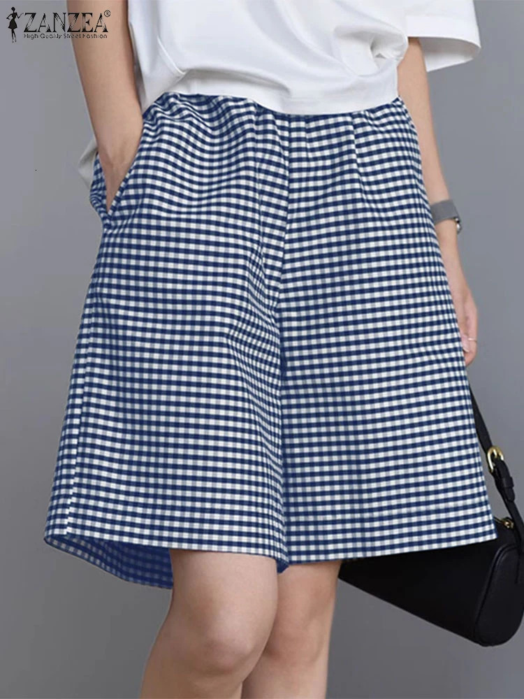 ZANZEA Summer Casual Elastic Waist Shorts Women Plaid Checked Pants Fashion Korean Style Elegant OL Work Palazzo Pantalon 260623
