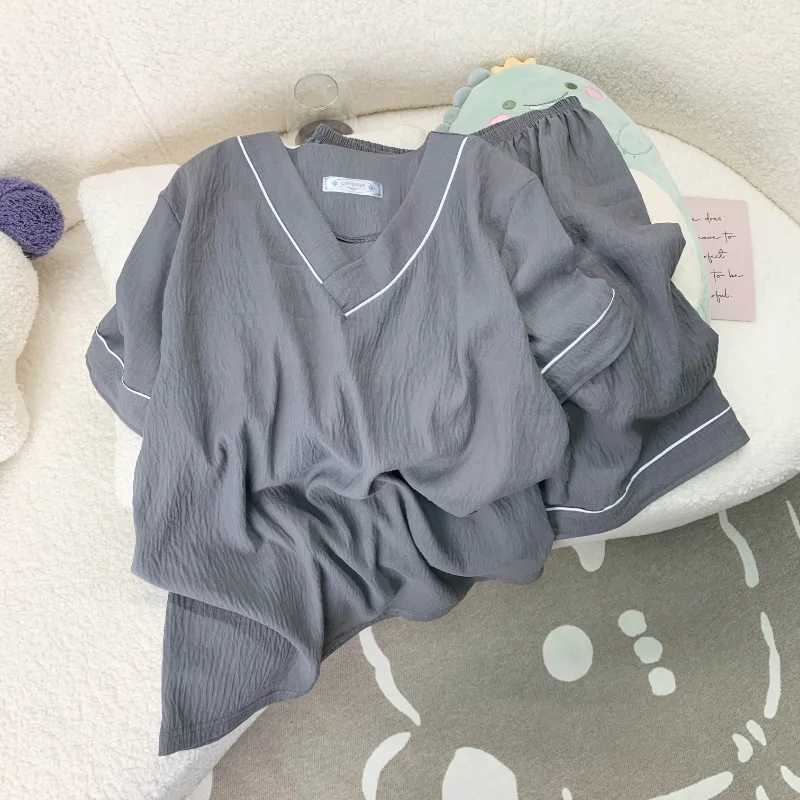 New Summer Solid Casual Pajamas Set Simple Korean Style Soft Fashion Pajamas V-neck Pajamas Mens Short Thin Set 2 Piece Men L26623