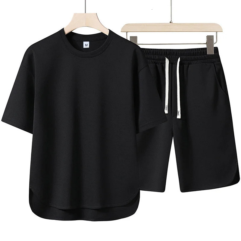 2026 Summer Men Suit Round Neck Short Sleeve Tshirtshorts Two Piece Set Loose Outdoor Sports Casual Solid Color Tracksuit 260613