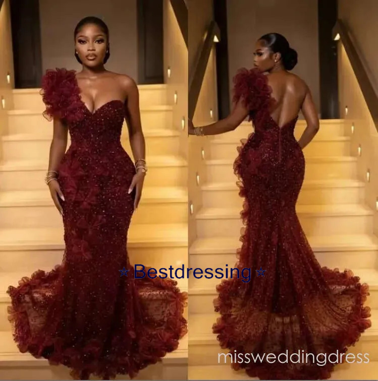 Elegant Burgundy Prom Dresses For Black Girls 2026 Luxury One Shoulder Mermaid Sequins Beads Formal Evening Gala Dress Customized M01bc22049 Bd624