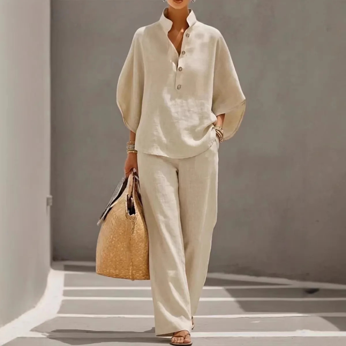 Fashion Cotton Linen Pant Set Womens Casual Stand Collar Button Top Wide Leg Trousers 2-piece Set Retro Female Office Suit 260617