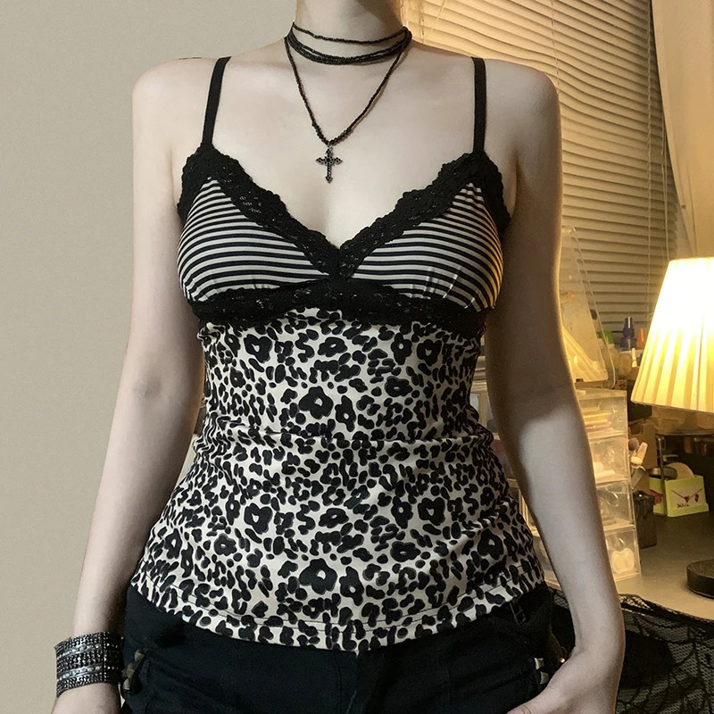 SUCHCUTE Leopard Print Slim Sexy Camisole Y2K Vintage 2000s Lace Patchwork V Neck Spaghetti Strap Tank Top Women Summer Vest 260618
