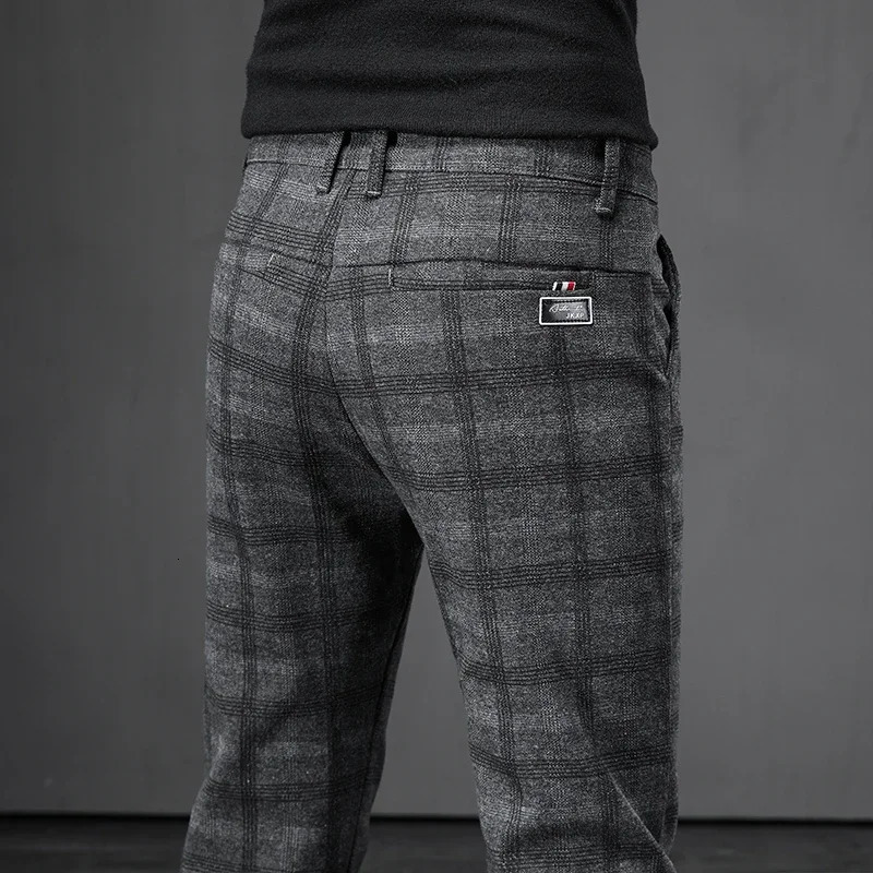 Autumn Mens Brushed Plaid Casual Pants Korean Style Gray Elastic Straight Slim Fit Fashionable Work Pants Blue and Black Male 260622