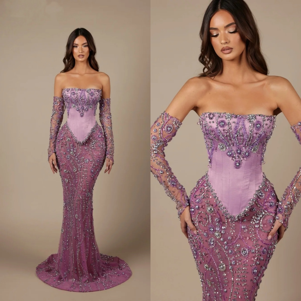 Exquisite Evening Dresses Crystal Beaded Mermaid Prom Dress Strapless Rhinestone Illusion Customized Party Gown Vestidos De Noche Plus Size