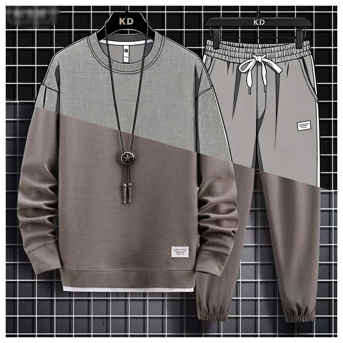 2025 Spring and Autumn Mens Waffle Two Piece Casual Sweatshirt Sports Pants Set Fashion 260615