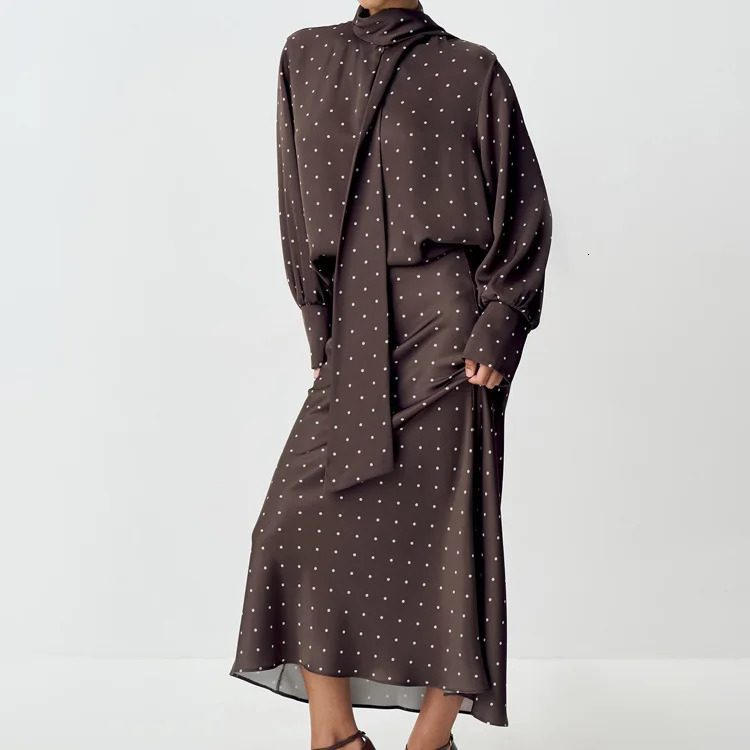 Two Piece Skirt Set Printed Polka Dot Satin Skirt Set Womens Long Sleeved Lace Up Shirthigh WAIST Midi Skirt Set 260623