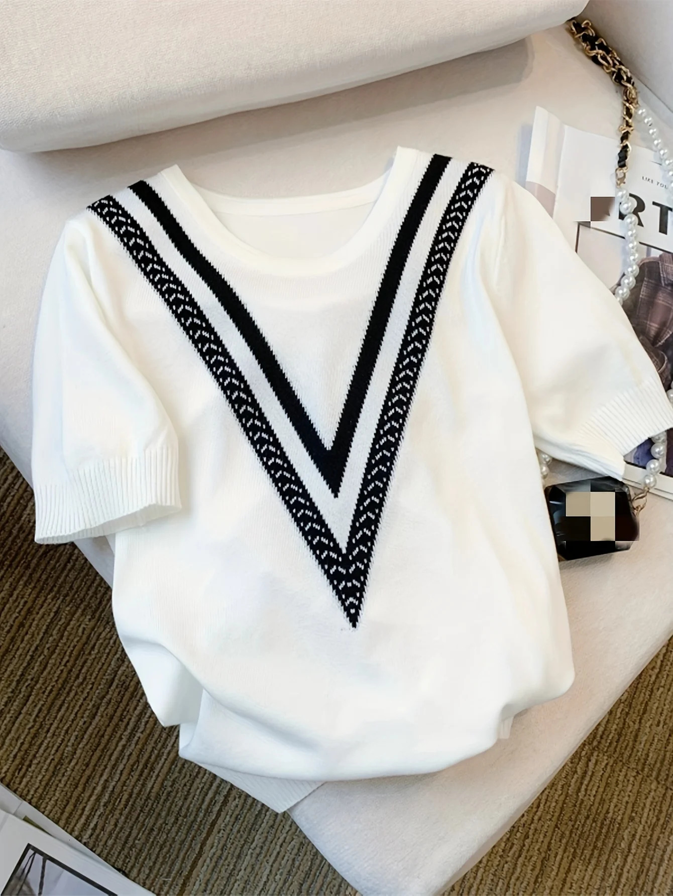 2026 Summer Color Block Crew Neck Knitted Sweater Crop Top Casual Short Sleeve For Spring Womens Clothing 260623