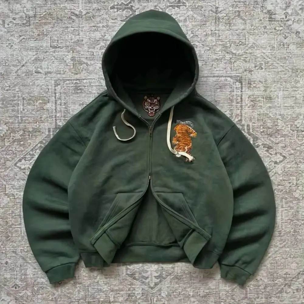 Y2k Men Women Casual Tiger Embroidery Hoodie Oversized Zip Up Sweatshirts Long Sleeve With Kangaroo Pocket Olive Green Clothes 260605