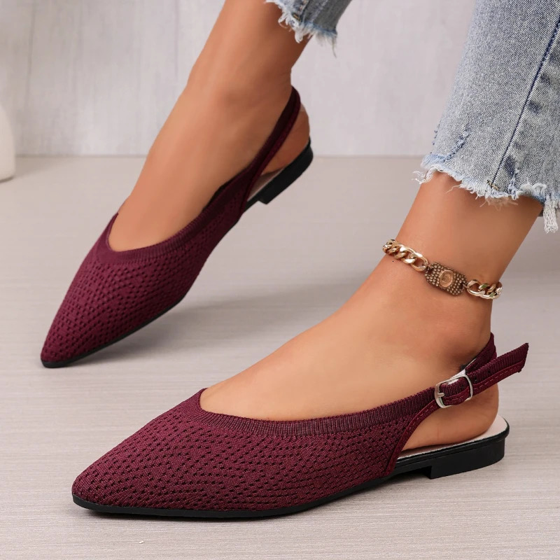 2026 Womens Sexy Pointed Toe Flat Shoes Casual Breathable Sandals Summer Solid Color Open Heel Knit Single Shoes Selling 260624