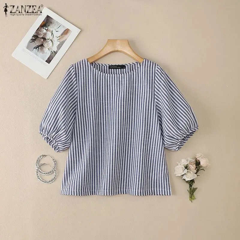 ZANZEA Womens Striped Blouses ONeck Lantern Sleeves Cotton Blended Dark Blue Blouse Summer Casual Daily Tops Woman Clothes 260623