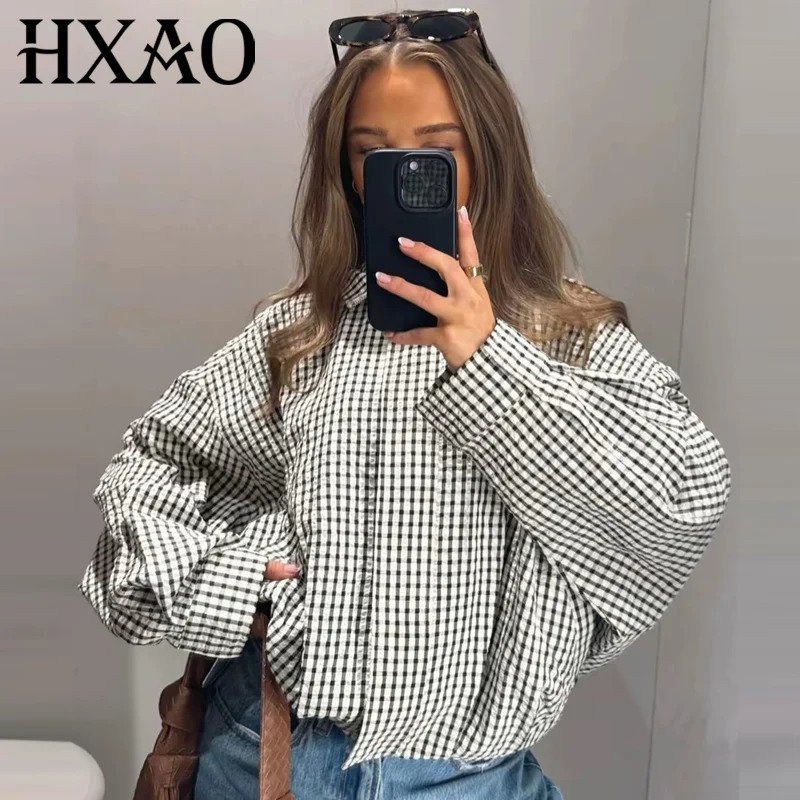 HXAO Plaid Bomber Jacket Womens Jacket Spring Autumn 2026 Crop Oversized Long Sleeve Top Casual Zipper Outerwears Outdoor Coats 260623