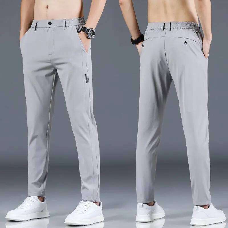 Ice silk men's 2025 summer new black gray thin business casual outdoor elastic breathable straight leg sports pants W260624