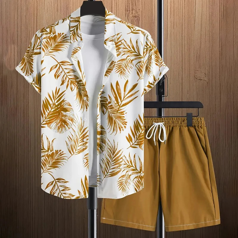 Stylish Lapel ButtonDown Shirt Shorts Set Summer Mens ShortSleeved Drawstring 2Piece 3D Leaf Print Travel Suit 260613banjia