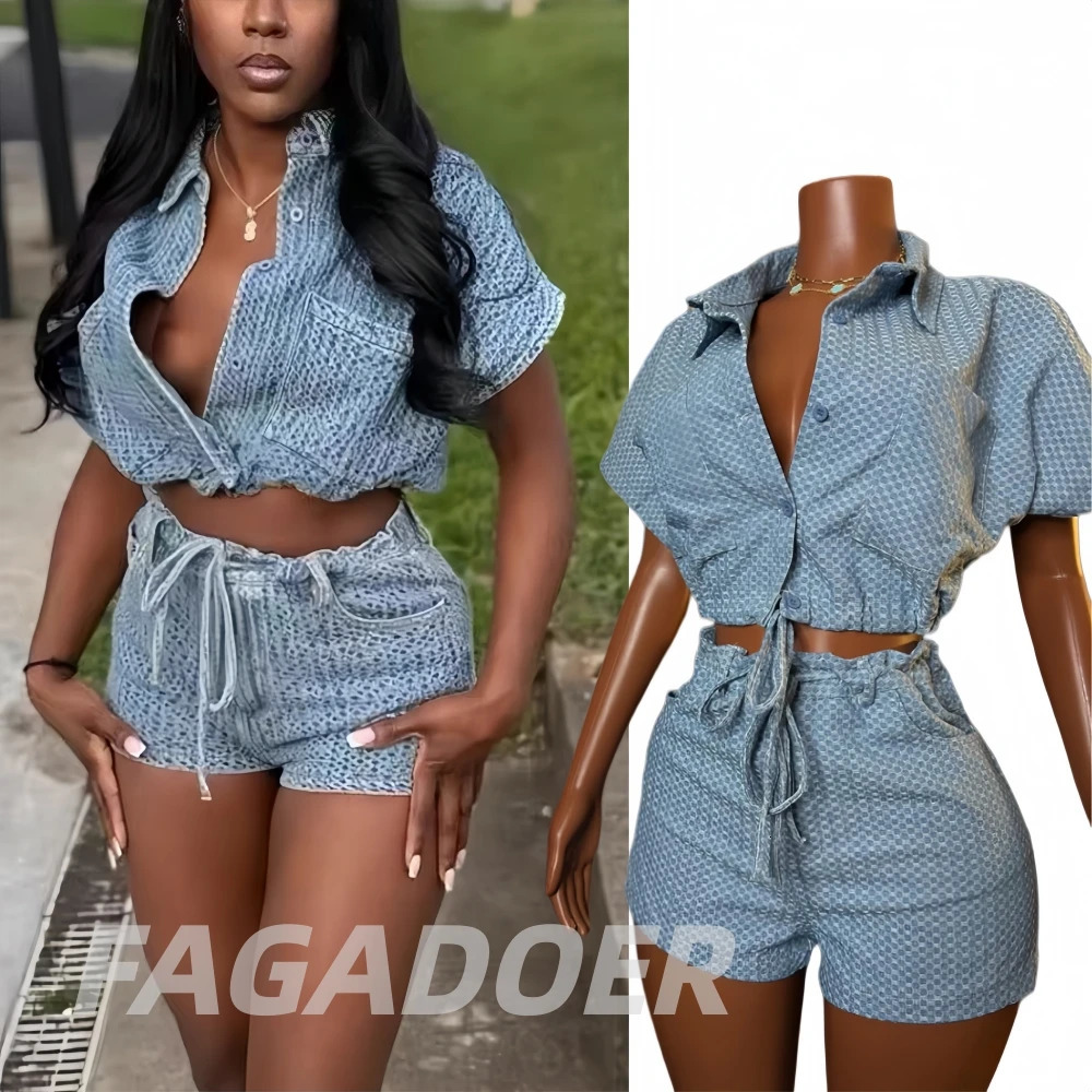 FAGADOER Fashion Denim Shorts Two Piece Sets Embroidery Polo Neck Shirt Top Lace-up Jeans Shorts Outdoor Jean Outfn Suits 260623