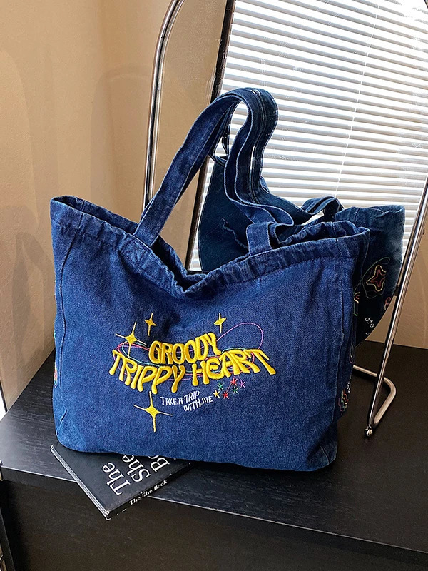 Korean Style Versatile Large Capacity Denim Shoulder Bag Womens Trend Embroidery Retro Student Commuter 260623