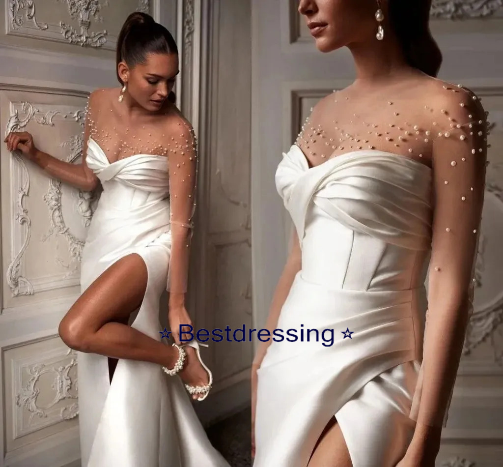 2026 Elegant Satin Pearls Mermaid Wedding Dresses Modern Pleated Sheer Neck Illusion Long Sleeves Bridal Gowns Boho Garden Sexy Split Bride Robes De