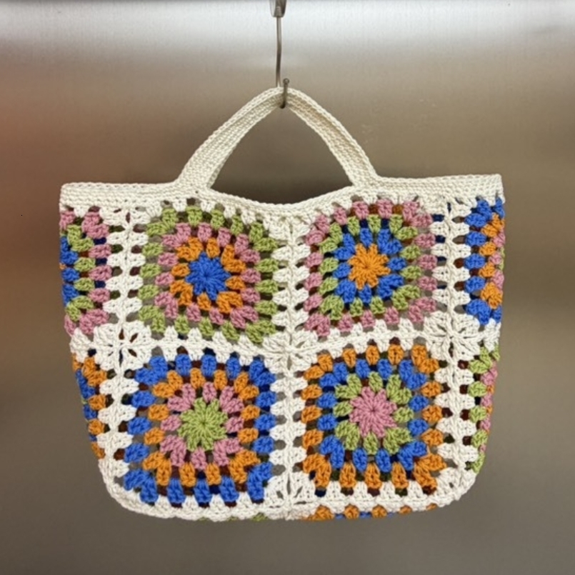 Ethnic Style Handmade Cotton Crocheted Tote Large Capacity Bohemian Floral Knitted Handbag Summer Seaside Beach Shopping Bag 260623