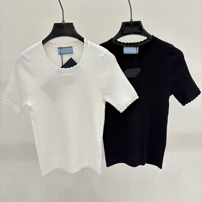Brand Woman Minimalist Knit T Shirt Elegant Wave Lace Trim Slim Fit Top Spring Summer Office School Daily Outfits