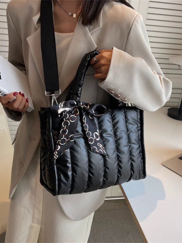 Elegant Womens Totes Bag with Silk Scarf Accent Quilted Crossbody Bags for Women Casual Solid Color Padded Womens Shoulder Bag 260624