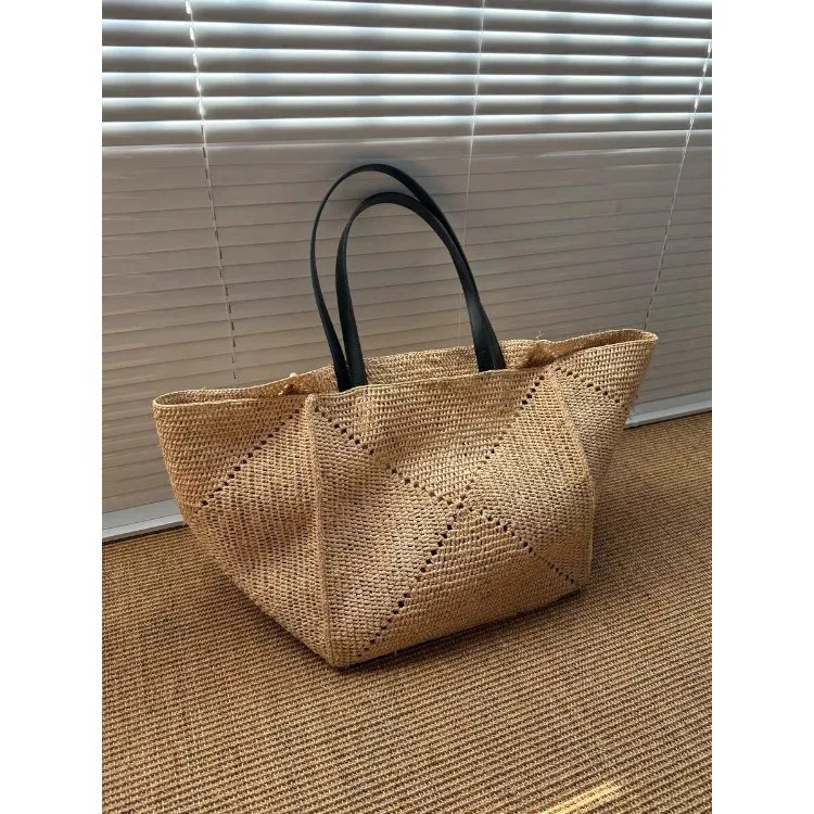 Large Capacity Hollow Out Straw Tote Bag Women Summer Beach Handmade Woven Shoulder with Leather Strap Casual Shopping 260623