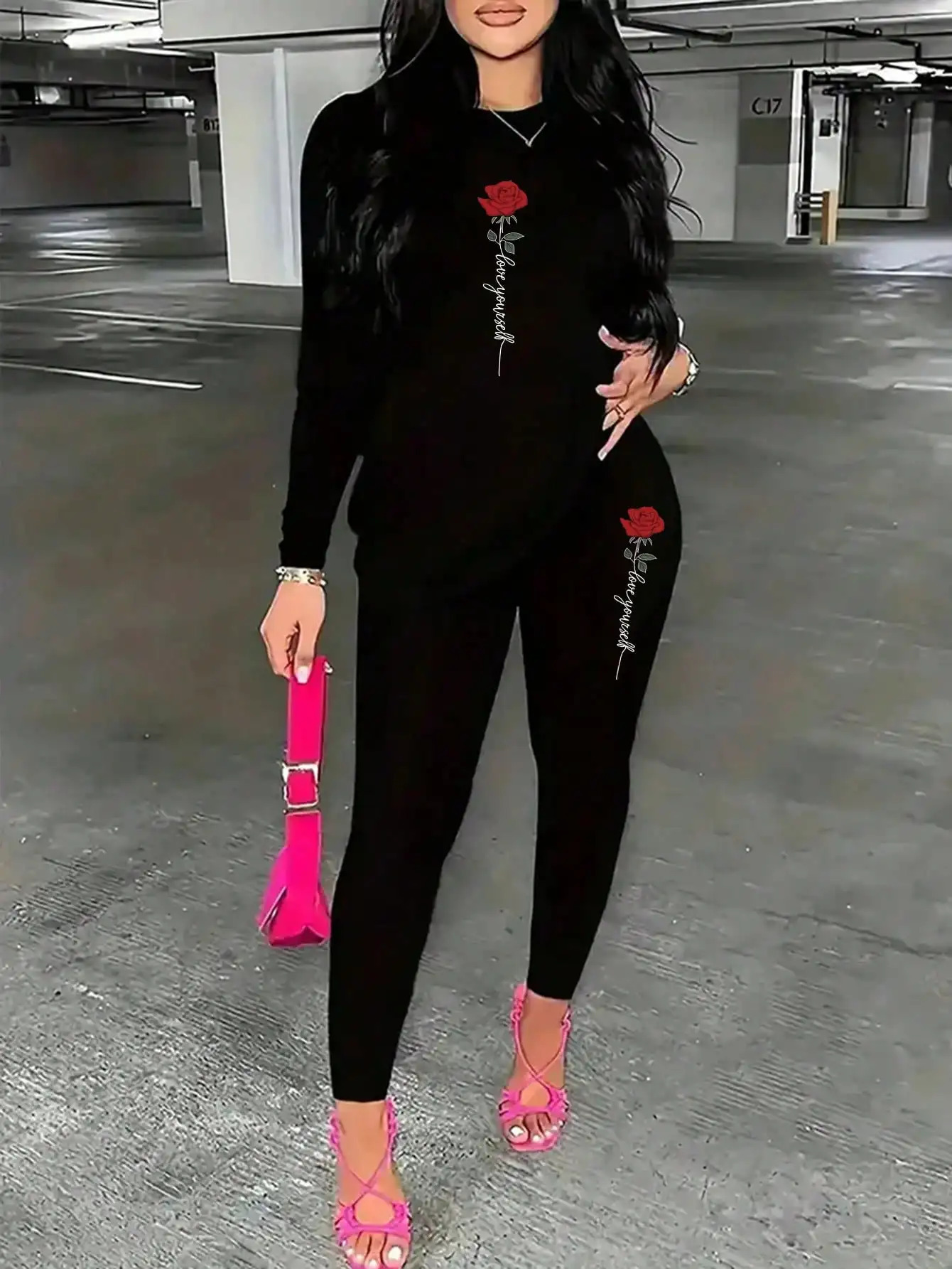 2026 Womens Casual Elegant Rose Printed Two Piece Solid Color Round Neck Long Sleeve Tshirt and Pants Set 260623