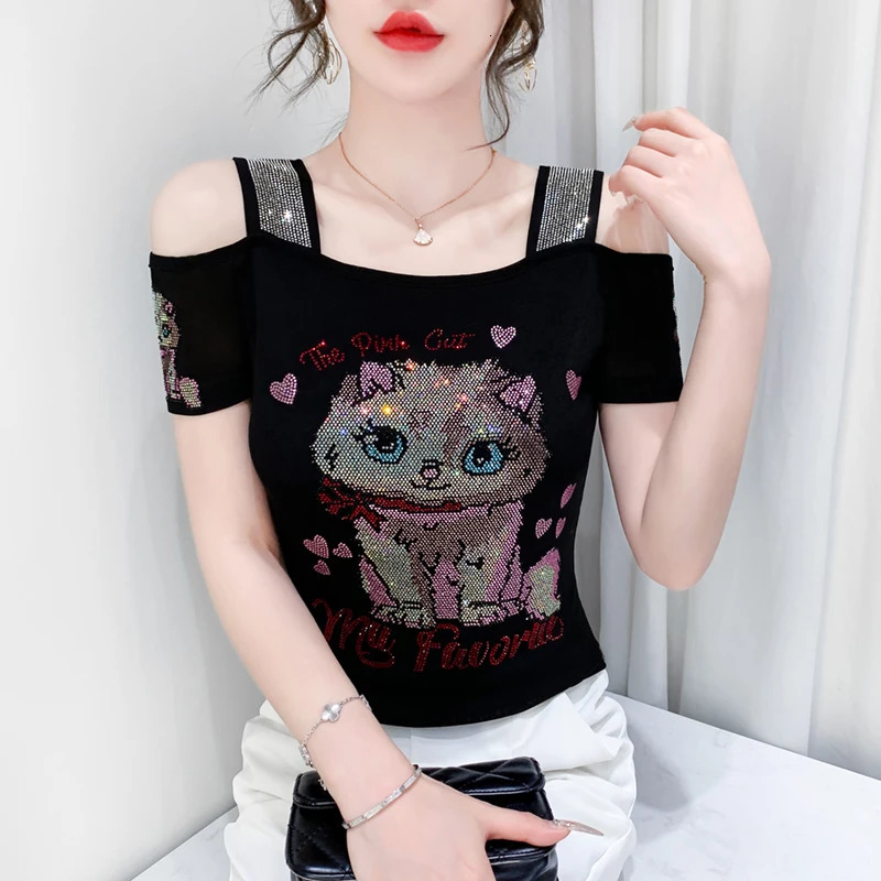 European Clothes Ladies T-Shirt Fashion Sexy Off Shoulder Shiny Cartoon Mesh Diamond Tops Summer Short Sleeve Women Tees 260623