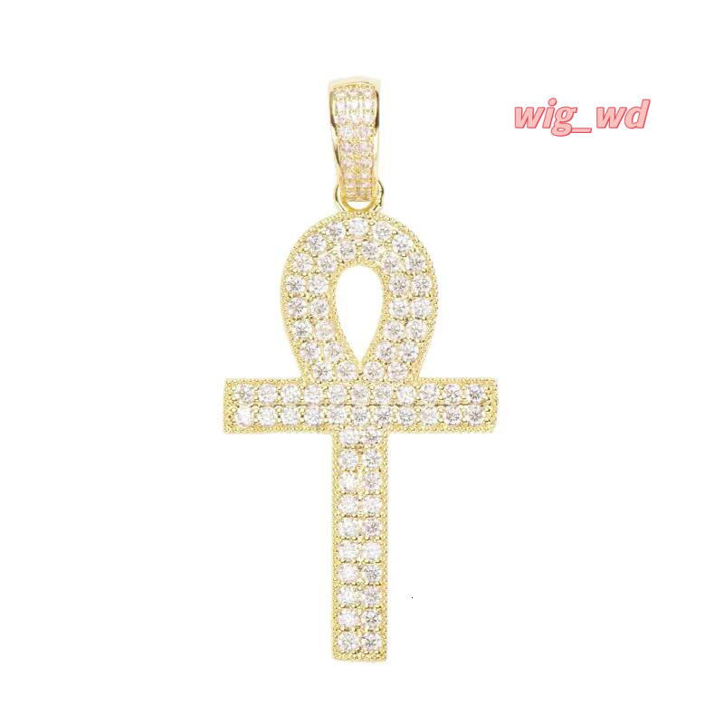 Egyptian Ankh Cross Charm Pendant 10K Solid Yellow Gold Round Brilliant Cut CZ Iced Hip Hop Religious Jewelry Gift For Men Women