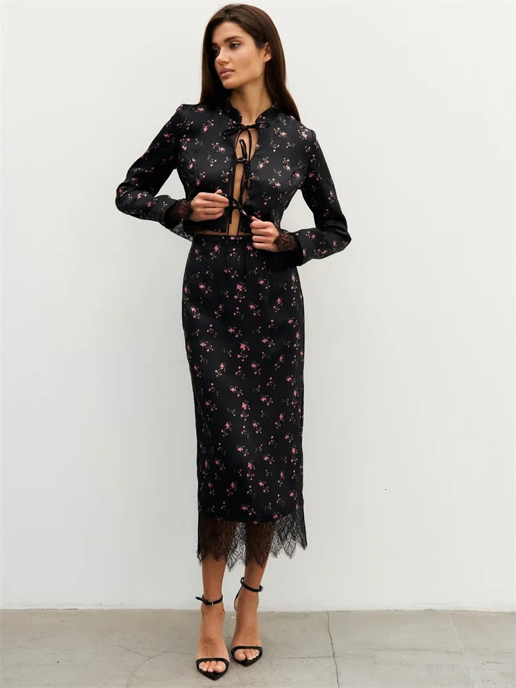Tossy Printed Lace Female 2 Piece-Set Long Skirt Lace-Up Patchwork Elegant Hollow Out Top And Slim Maxi Skirt Sets Women Outfits 260622