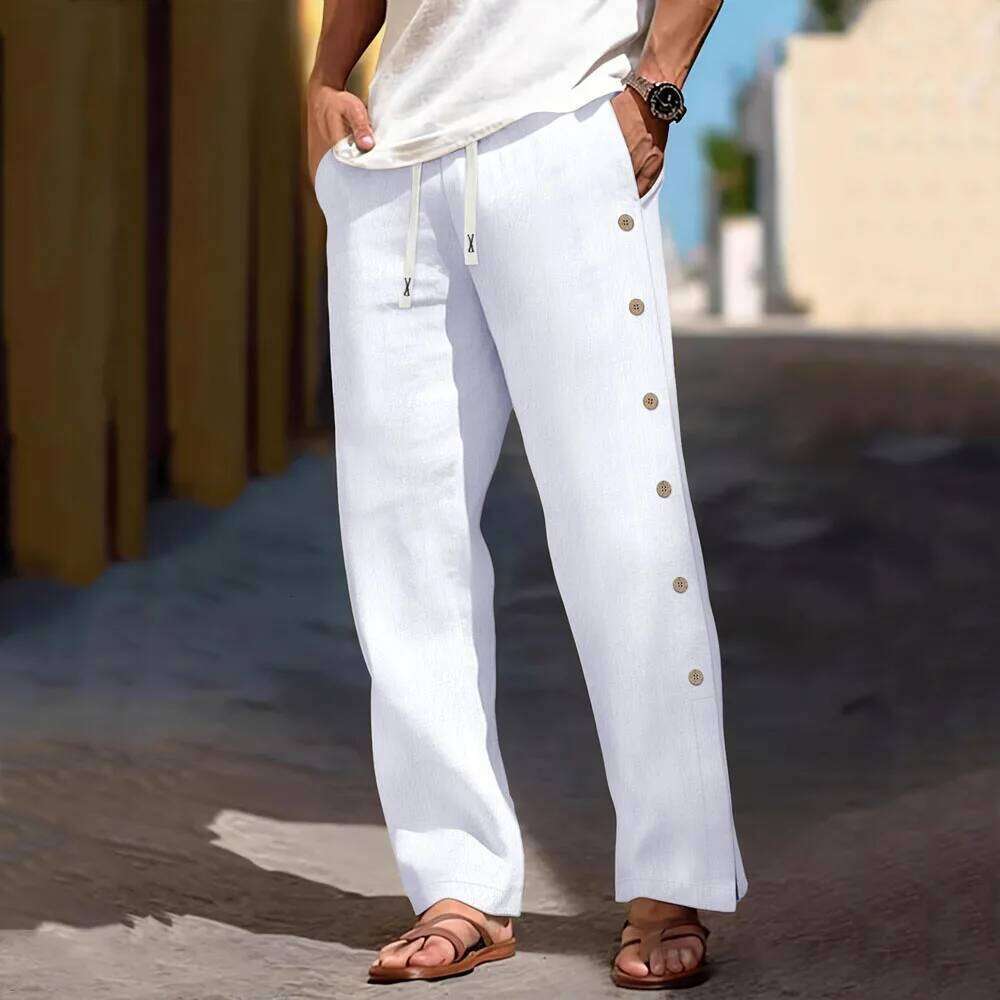Men's Casual Cotton Linen Pants Drawstring Waist Side Button Decor Straight Leg Lightweight Breathable Summer Beach Trousers W260624